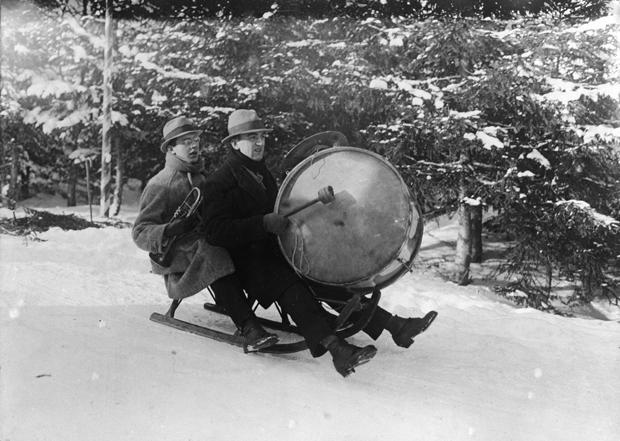 Sledding with a bass drum and horn