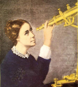 Litho of Maria Mitchell & telescope