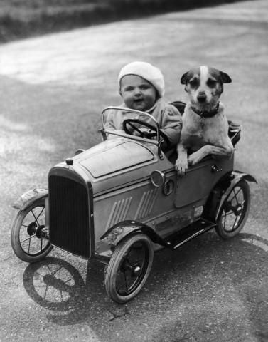 Baby and dog in car