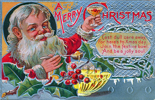 Vintage Santa with punch bowl postcard