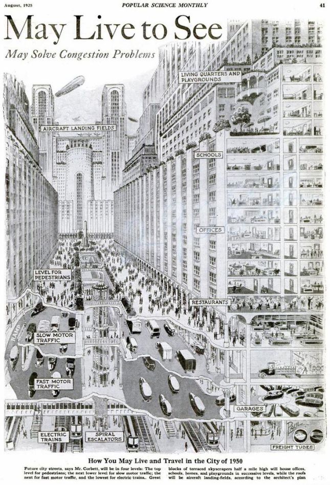 1925 view of a 1950 city, underground streets, retrofuturism