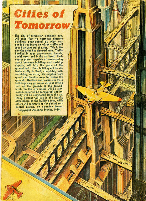 1939 city, layered streets, retrofuturism