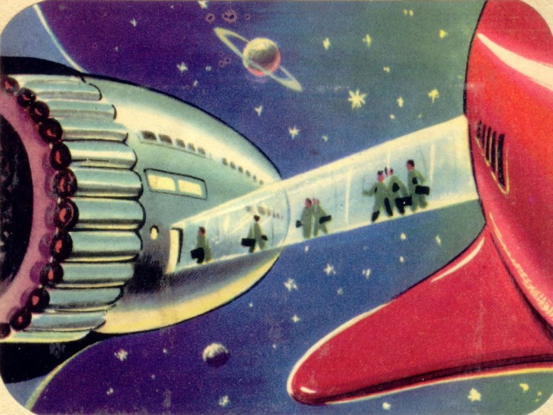 Spaceships docking, retrofuturism