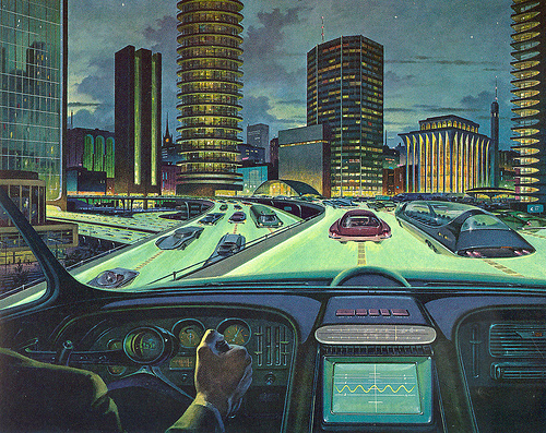 Future highway and dashboard, retrofuturism