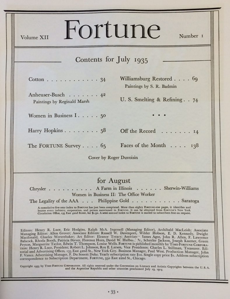 Fortune Mag, July 1935, Table of Contents